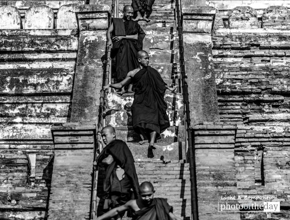Staircase Monks, by Shirren Lim Staircase Monks, by Shirren Lim - Photojournalism, Black and White Photography, Photography Awards, Art Photography, Shirren Lim