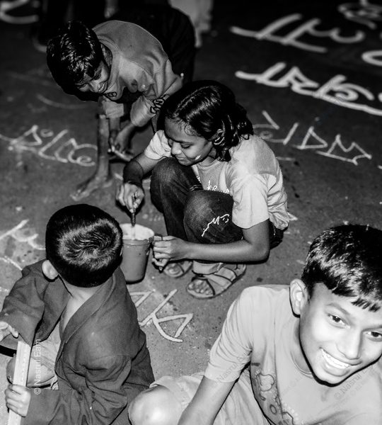 Children Writing on the Pavement at Night - Fine Art Photography Print, Limited Edition Photography, Giclée Print, Children Photography, Night Photography
