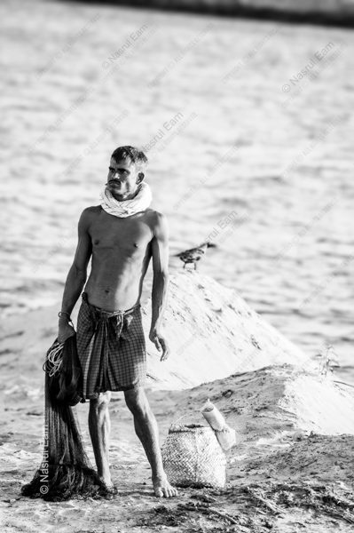 Fisherman with Net at the Water's Edge - Fine Art Photography Print, Limited Edition Print, Monochrome Photography, Documentary Photography, Giclée Print