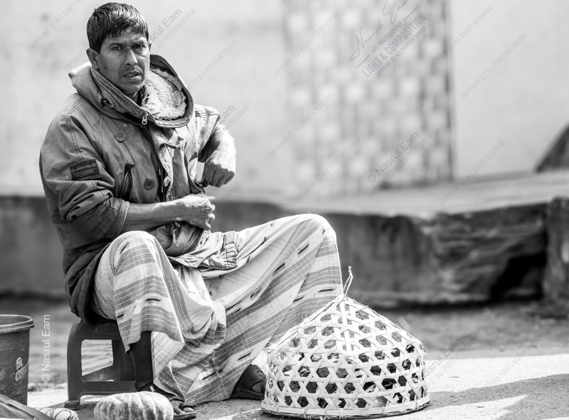 Vendor Seated with His Wicker Basket - Fine Art Photography Print, Limited Edition Photography, Black and White Photography, Documentary Photography,  Museum-Quality Prints