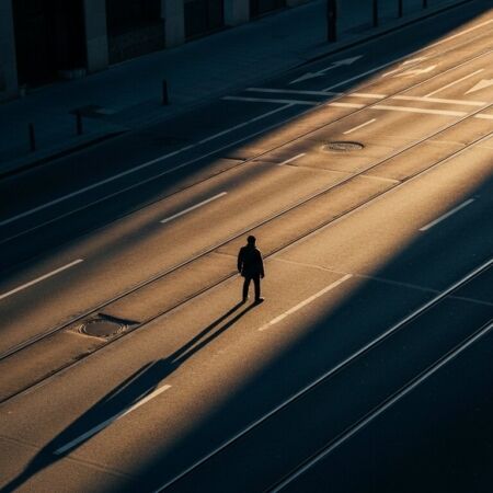 A lone figure crossing a wide city street at golden hour — visual storytelling through composition and the frame