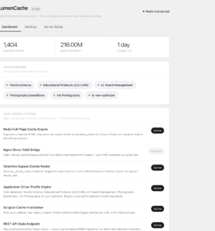 LumenCache Pro dashboard showing eight active caching subsystems