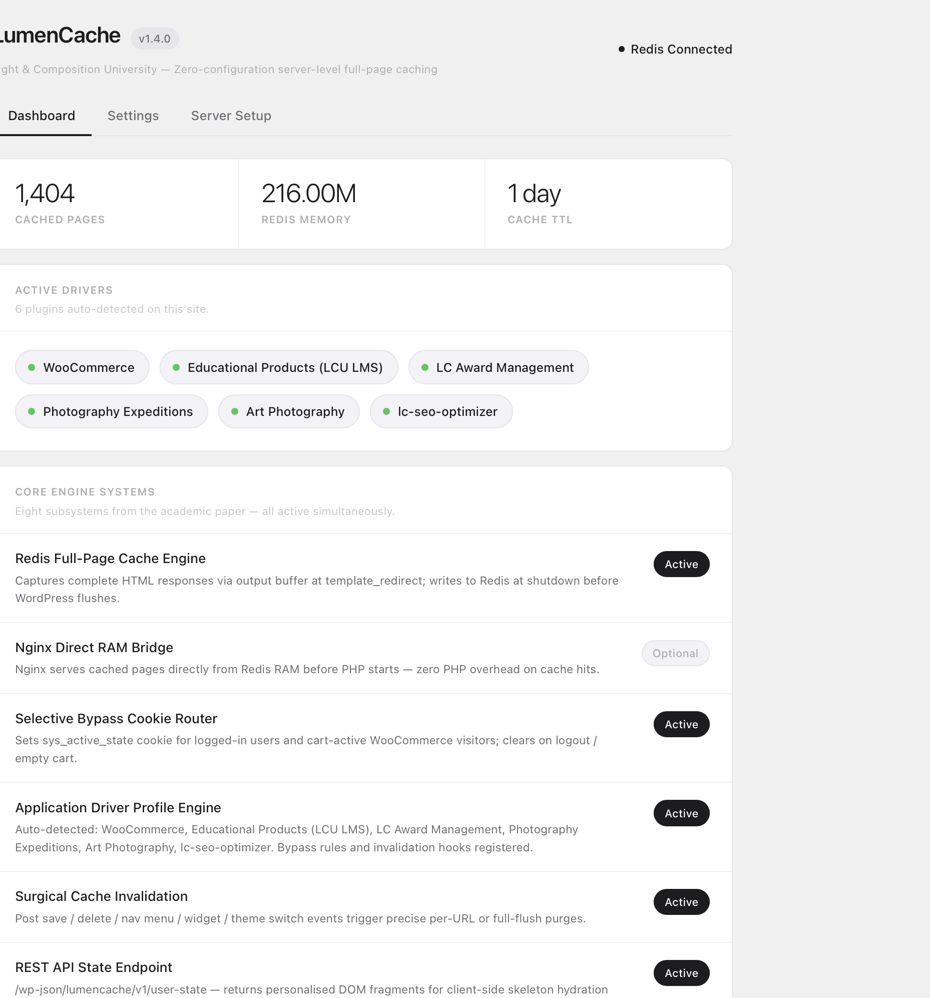 LumenCache Pro dashboard screenshot