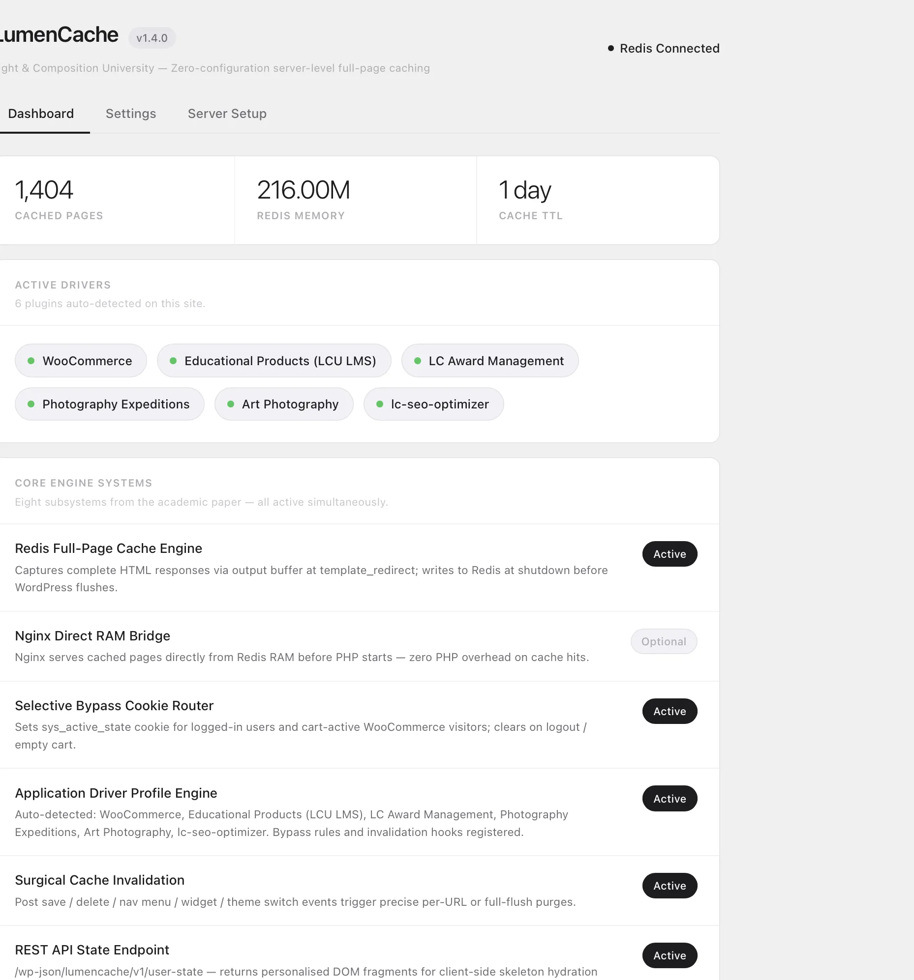 LumenCache Pro dashboard screenshot