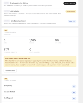 Cache telemetry dashboard with hit ratio and origin-load guidance