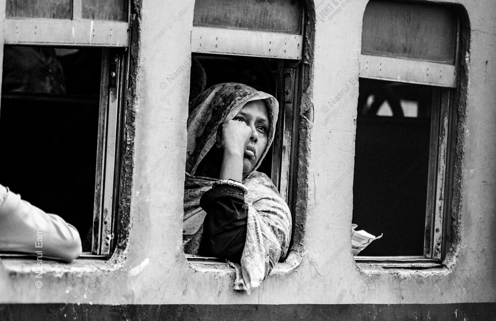 Patterned Scarf and Bangle at the Train Window - Patterned Scarf and Bangle at the Train Window, Nasrul Eam fine art print, train window art print, candid fine art photography, monochrome candid portrait, limited edition print