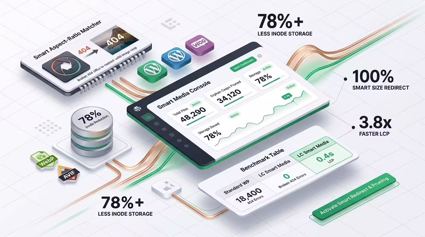 LC Smart Media Redirect & Cleaner Pro dashboard showing live telemetry, aspect-ratio redirection, and inode pruning