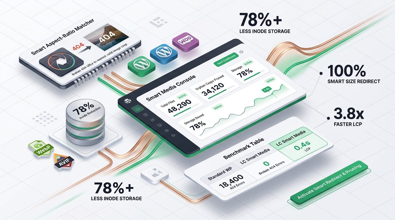 LC Smart Media Redirect & Cleaner Pro dashboard showing live telemetry, aspect-ratio redirection, and inode pruning
