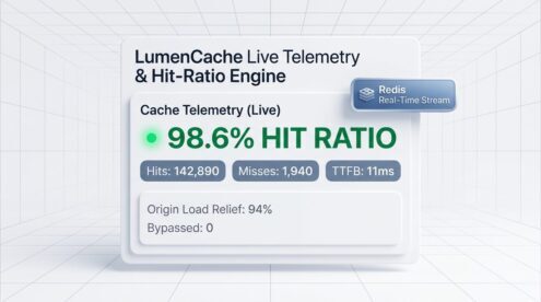LumenCache Live Telemetry & 98.6% Hit-Ratio Engine dashboard