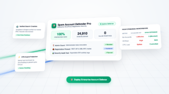 LC Anti-Spam Registration Pro dashboard showing 100% protection rate, CPU Guard, and registration firewall
