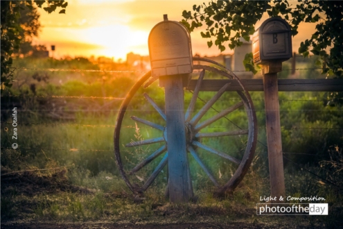 Sunset Wagon Wheel Mail Box by Zara Otaifah - Sunset Photography, Wagon Wheel Photography, Art Photography, Photo of the Day, Photography Awards