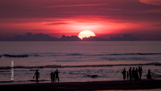 Figures on the Shore at Crimson Sunset - Fine Art Photography Prints, Limited Edition Photography, Luxury Photography Art, Photography Art Prints, Giclée Photography