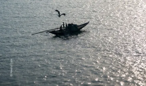 Boatmen and a Bird of Prey on Sunlit Water - Fine Art Photography Print, Limited Edition Photography, Giclée Print,  Luxury Photography Art,  Contemporary Art Photography