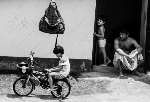 Threshold of Home: Bicycle, Brothers, and Father - Fine Art Photography Print, Limited Edition Photography, Giclée Print, Black and White Photography,  Fine Art Photography