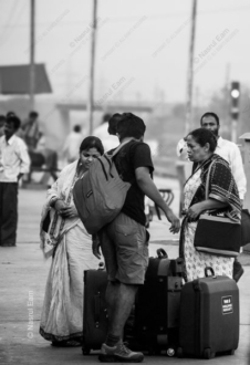 Travelers in Conversation on a Platform - Fine Art Photography Print, Limited Edition Photography, Giclée Print, Black and White Photography,  Documentary Photography