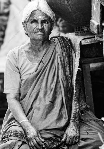 Elderly Woman Seated by a Wooden Cart