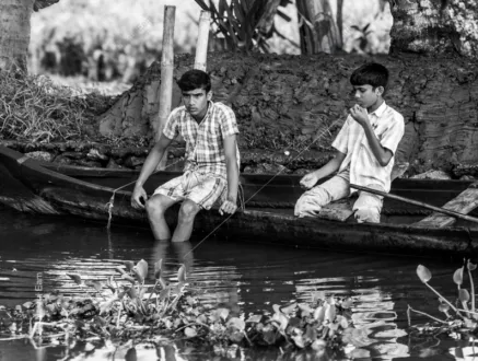 Boys Fishing from a Narrow Boat - Fine Art Photography Print, Limited Edition Photography, Monochrome Photography,  Art Photography,  Fine Art Prints