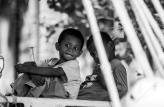 Two Boys Between the White Slats - Fine Art Photography Prints, Limited Edition Photography, Giclée Print, Black and White Photography,  Art Photography for Sale