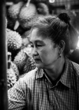 Woman at the Durian Stall - Fine Art Photography Print, Limited Edition Photography, Museum-Quality Photography, Art Photography for Collectors, Black and White Photography