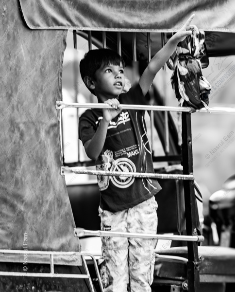 Boy in a Rickshaw, Pointing