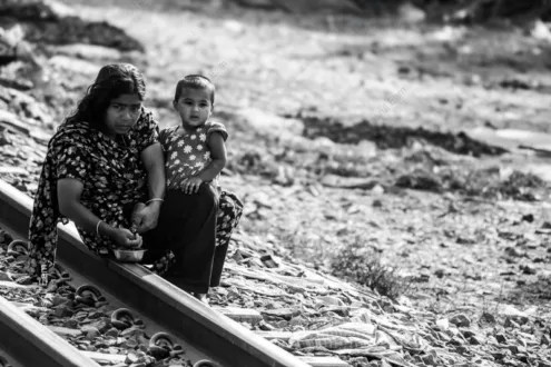 Mother and Child on the Tracks - Fine Art Photography Print, Limited Edition Print, Black and White Photography,  Art Photography Investment, Mother and Child Photography