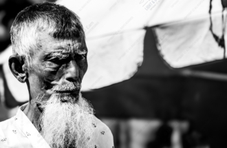 Elderly Man Beneath a White Umbrella - Fine Art Photography Print, Limited Edition Photography, Black and White Portrait, Museum-Quality Photography, Art Photography for Sale