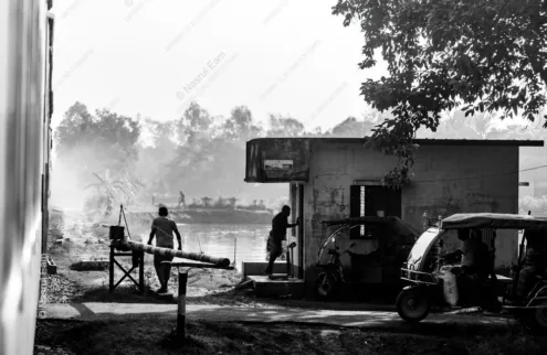 Figures at the River Crossing in Morning Light
