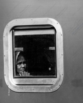 A Traveler's Face in a Riveted Window