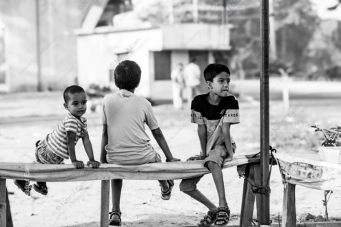 Three Boys on a Roadside Bench