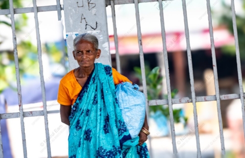 Woman in a Turquoise Sari at the Gate